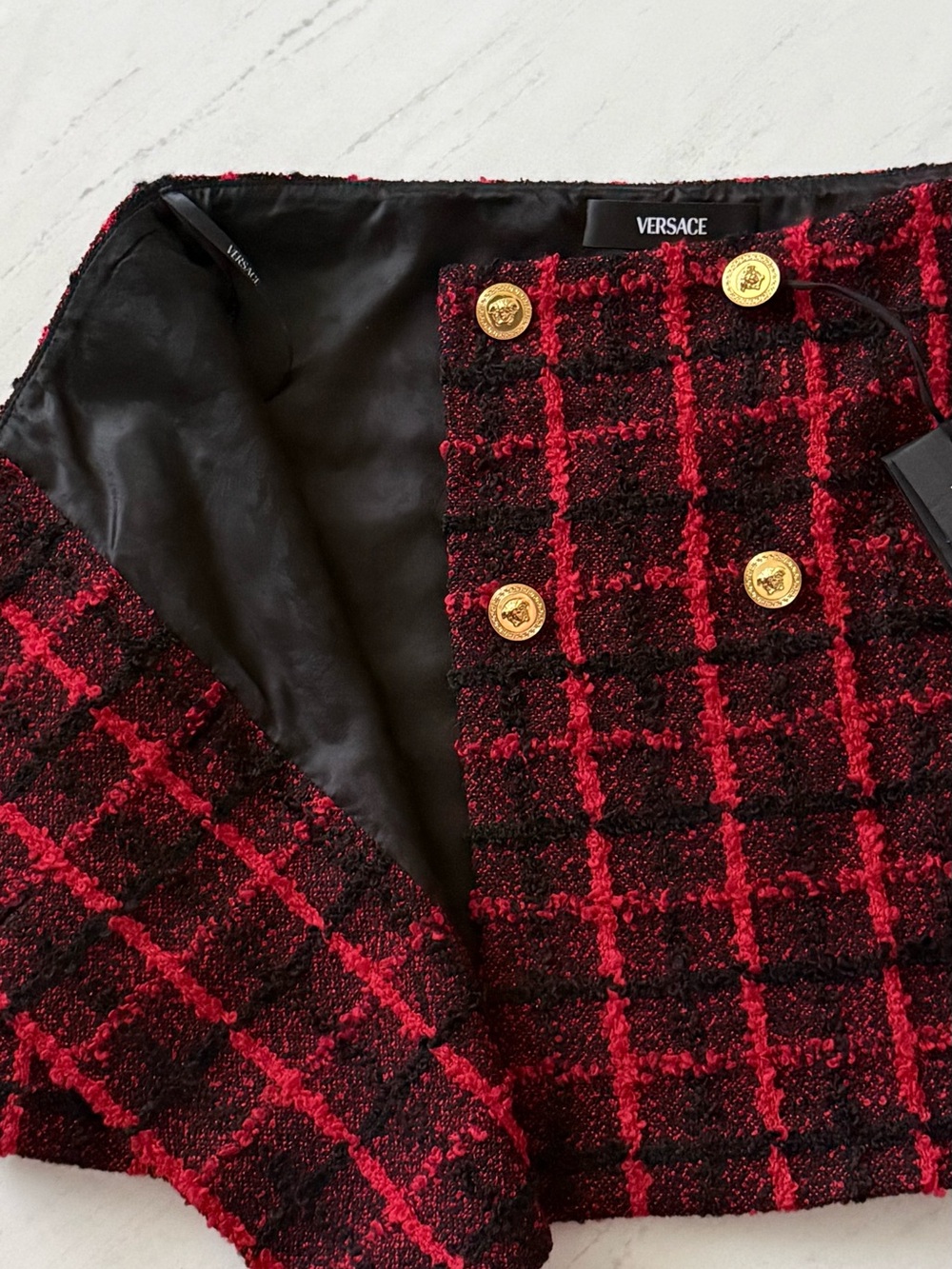 Versace Red and Black Plaid Tweed Mini Skirt with Gold Medusa Buttons - Picture 4 of 4